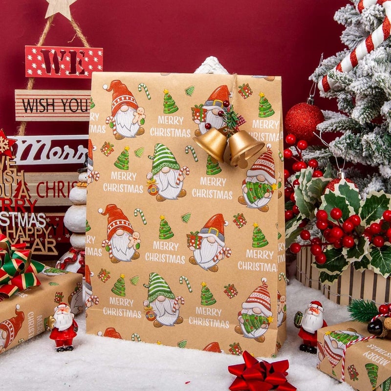 Retrify Kraft Christmas Wrapping Paper - 17 Inch x 32.8 Feet Mini Roll - Cute Red Green Gnome with Grid Cutting Lines Gift Wrap Paper for Holiday Shower Party Celebration - Image 3